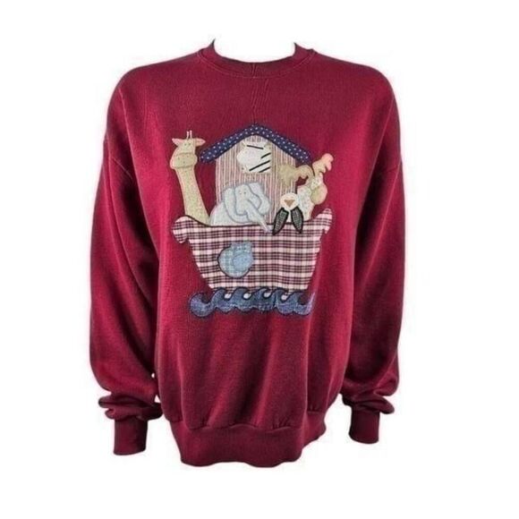Vintage Jerzees USA Made Noah's Ark Sweatshirt Adult XL Red Crewneck Animals App - Picture 1 of 8